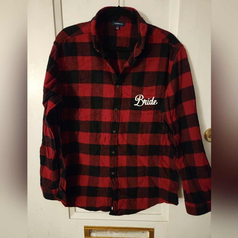 Bride and Bride Tribe Buffalo plaid wedding party shirts